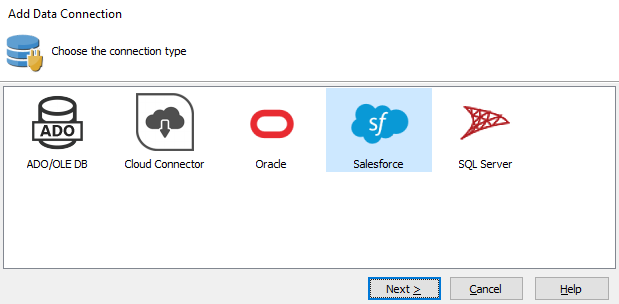 Selecting Salesforce from the list of data connection types.